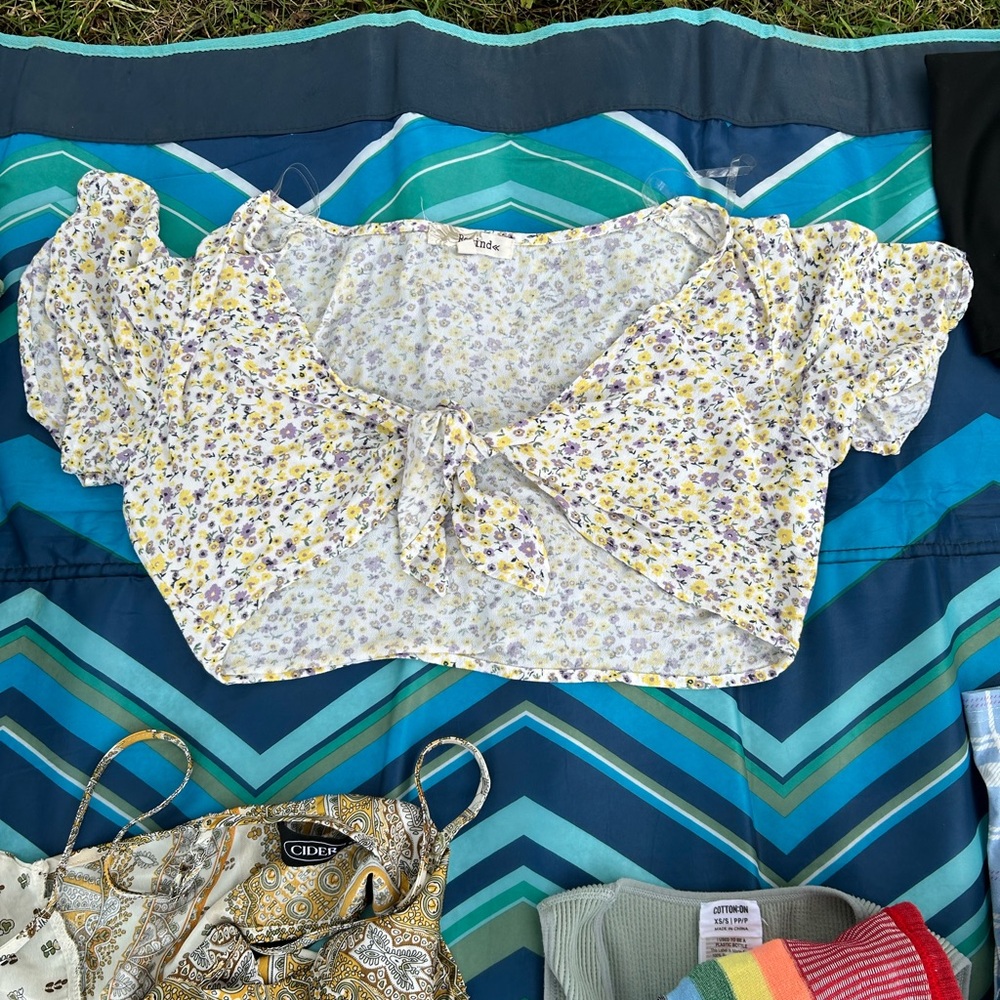 Floral Tie-Front Crop Top - Yellow and Purple
